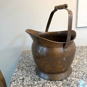 Antique Copper Coal Scuttle Bucket with Wooden Handle, Fireplace Ash Bucket
